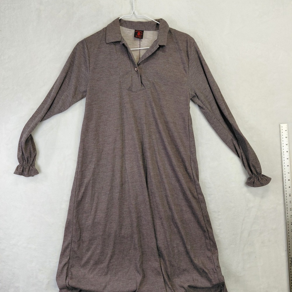 Vintage Mainland Brown Long Sleeve Maxi Dress Polo Collar Ruffle Cuff Medium